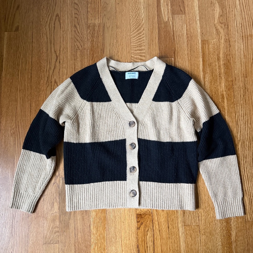 Old Navy Striped Ribbed Cardigan Sweater, Tan and Black Striped, Size Small